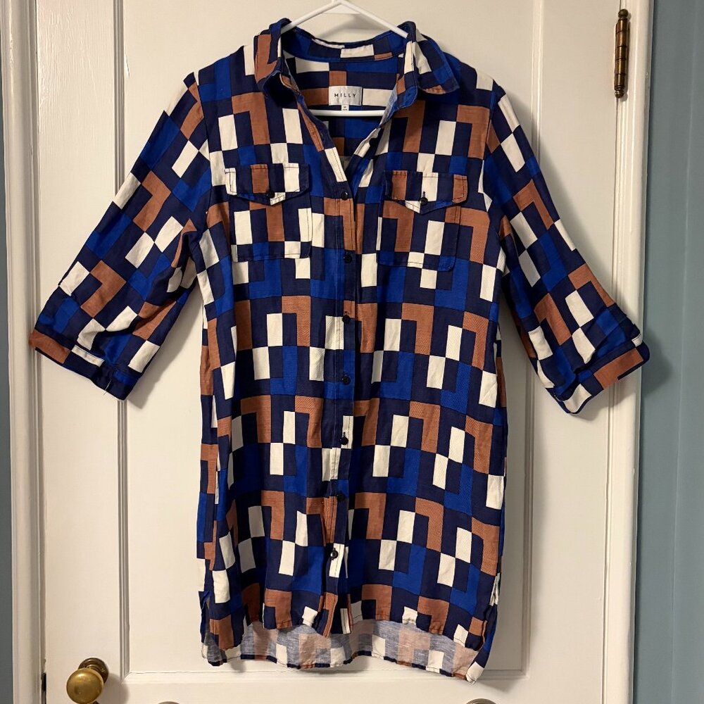 Milly New York geometric print shirt mini dress medium silk linen retro designer